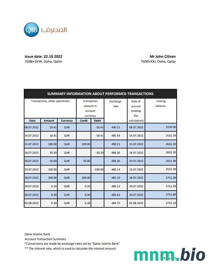 Qatar QNB oświadczenie słowo i szablon PDF, 2 strony